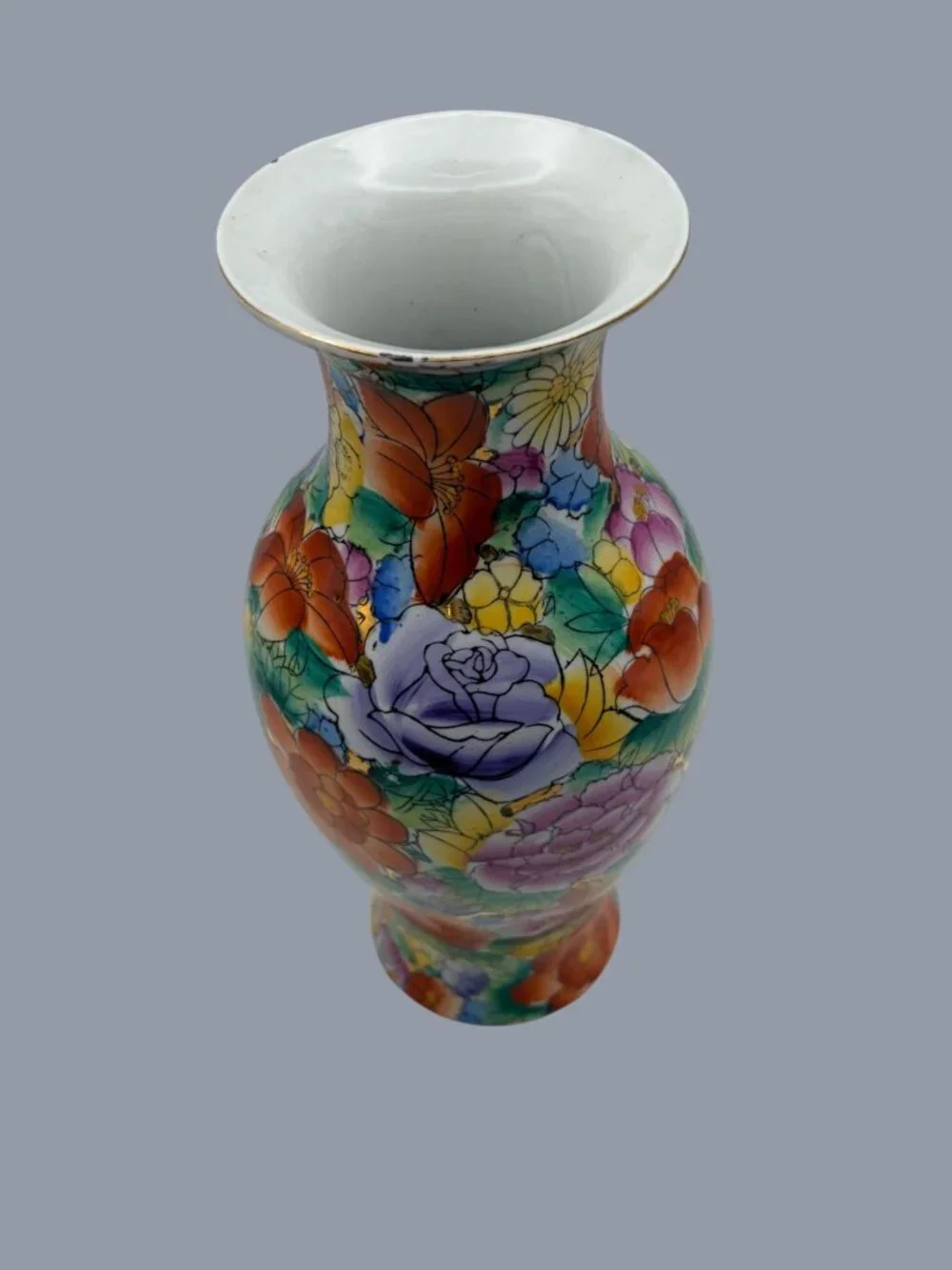 VTG Chinese Mille Fleur Rose Floral Porcelain Vase Hand Painted Gold Accents